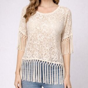 Boho Ivory Lace Fringe Top Haute Society Short Sleeve Crochet Small Gypsy Hippie